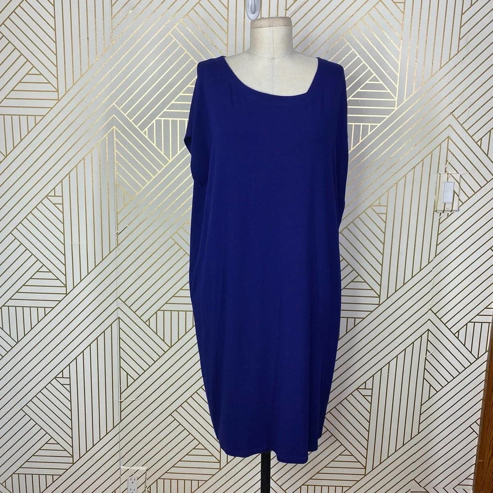 Eileen Fisher‎ Jersey Asymmetric Neck T-Shirt Dress Blue